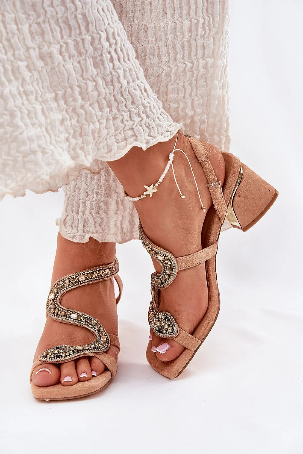 Sandales à talons carrés élégantes pour femmes, style sophistiqué, soirée, strass, beige, doré, confortable, mode, Mariage, occasion spéciale