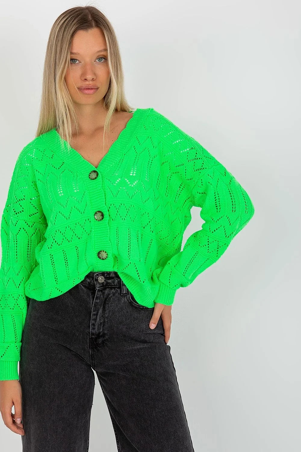 cardigan femme maille ajourée pointelle ivoire gilet boutonné colV coupe relaxed oversize tricot léger bordures côtelées boutons écaille