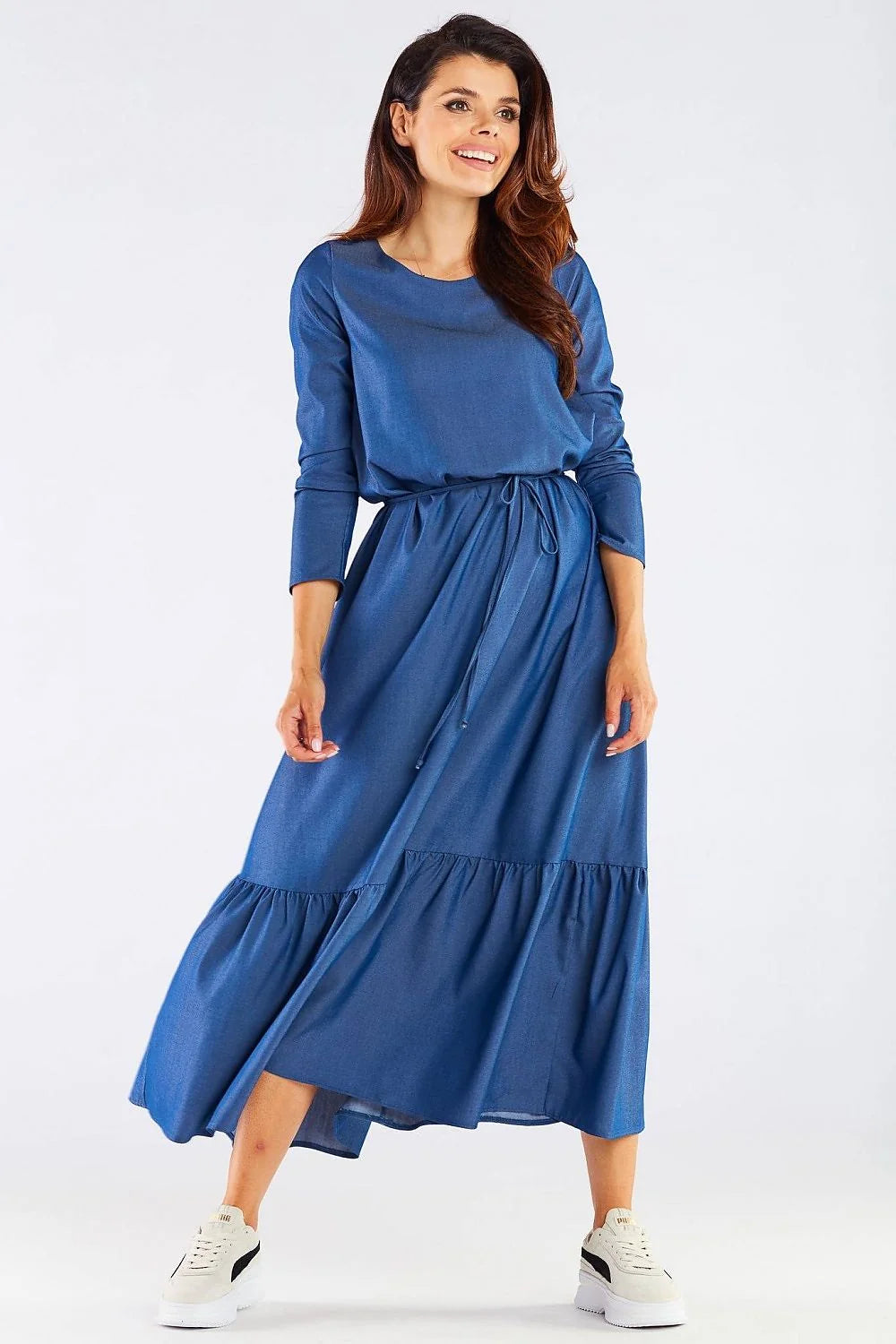 Robe longue viscose framboise élégante manches longues ceinture ajustable fluide décontractée soirée féminine moderne