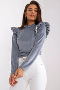 Chemisier femme velour élégant manches longues col montant volants bleu-gris taille universelle chic