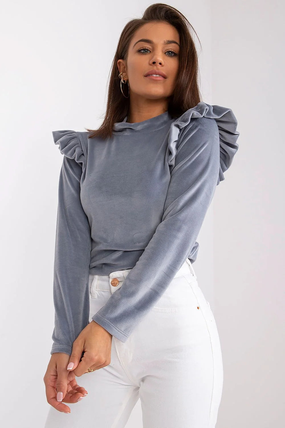 Chemisier femme velour élégant manches longues col montant volants bleu-gris taille universelle chic