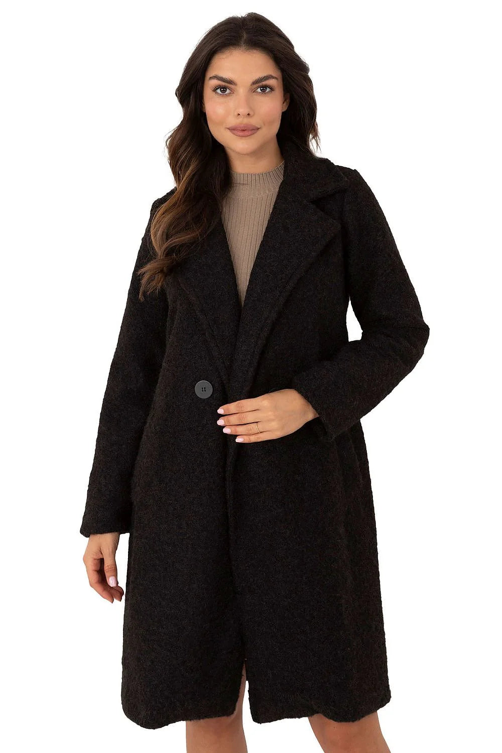 Manteau pour femme élégant en laine et polyester, noir, coupe droite, col à revers, fermeture à boutons, poches latérales, hiver 2023-2024