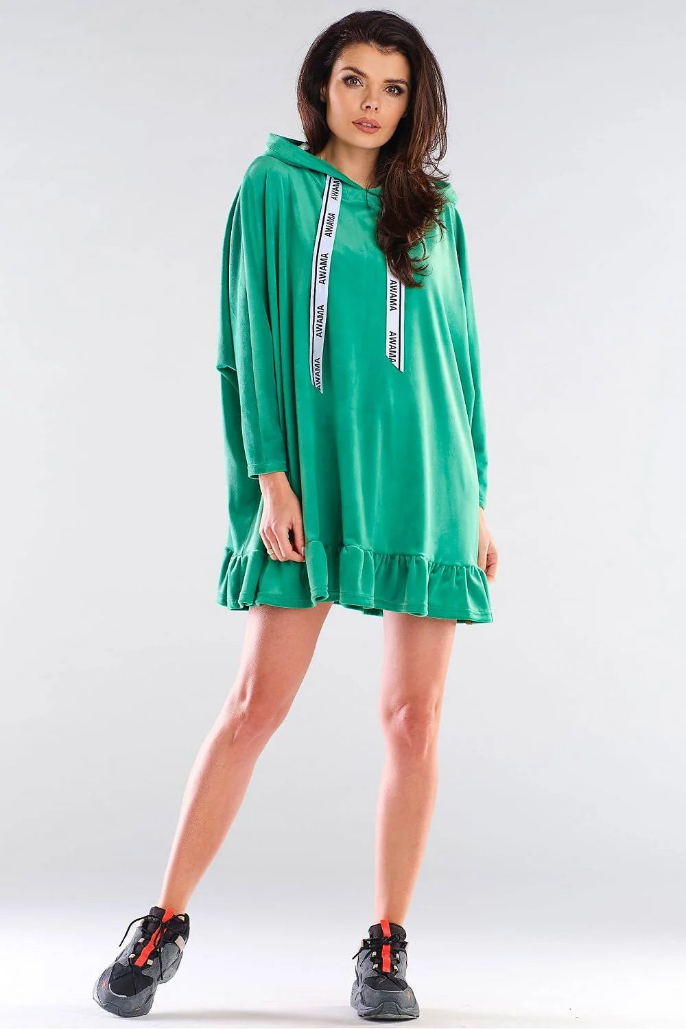 Robe décontractée à capuche polyester spandex verte ample confortable avec volants pour sorties féminines chic