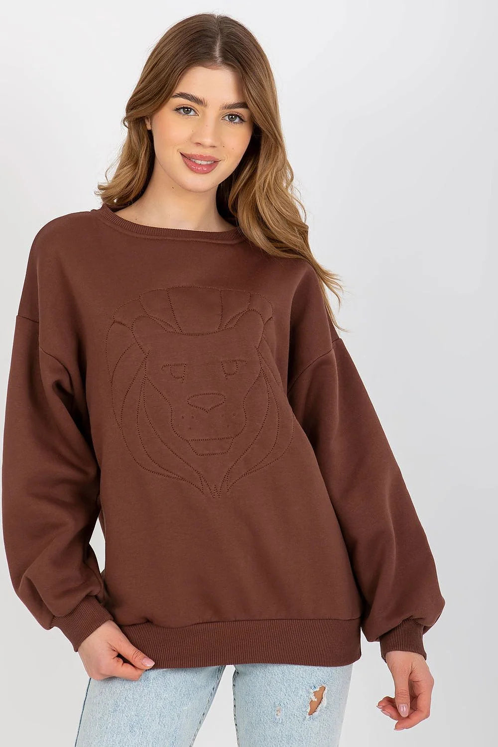 sweatshirt femme oversize marron molleton épais doublure chaude col rond manches ballon épaules tombantes bords côtes poignets broderie tête lion