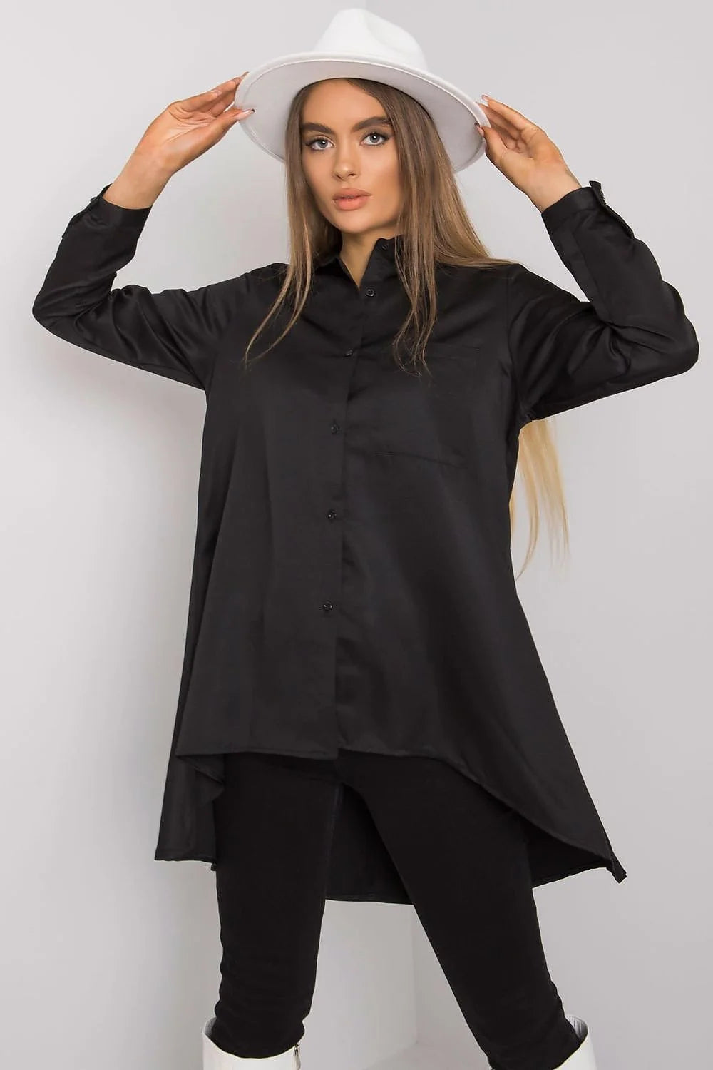 Chemise pour femme manches longues Ex Moda noir longueur asymétrique tissu satiné coton élasthanne polyester