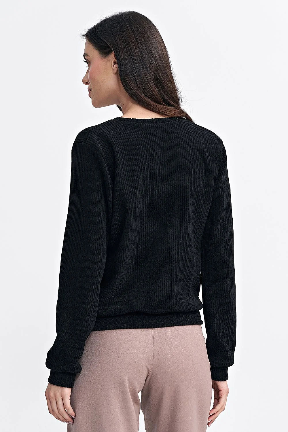 Chemisier Nife classique pour femme en tissu côtelé noir manches longues col rond coupe ample