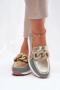 Mocassins femmes métalliques dorés style urbain design audacieux chaines dorées plateforme confortable semelle épaisse beige