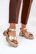 Sandales élégantes pour femmes à plateforme talon plat boucle dorée cuir artificiel confortables occasion été