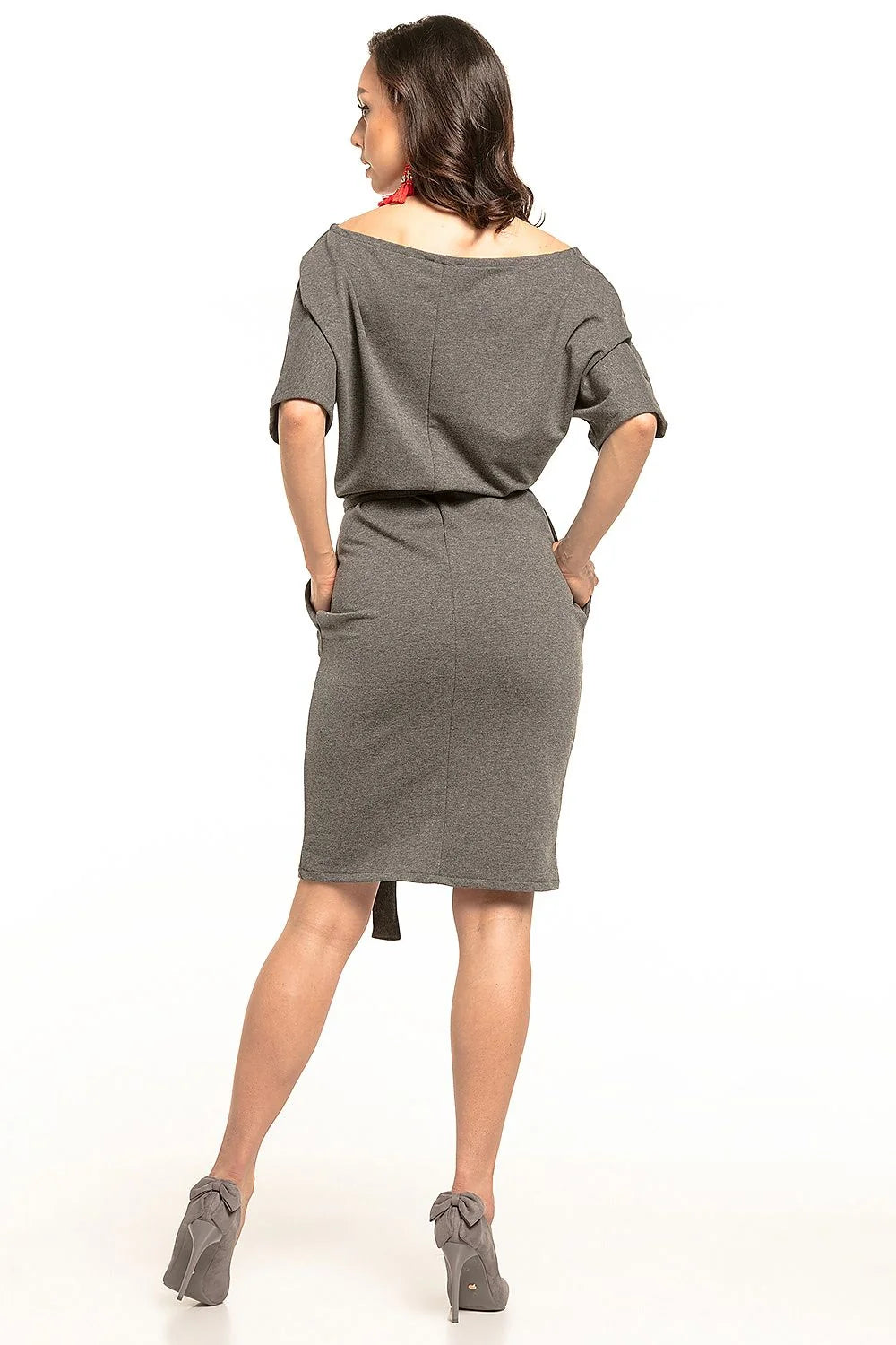 Robe Tessita midi ceinturée jaune vif coupe droite fourreau buste ample manches kimono jersey stretch fluide poches invisibles encolure bateau