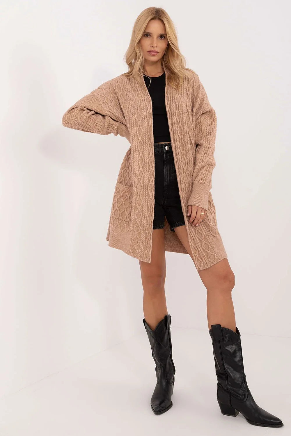 Cardigan long pour femme style décontracté couleur beige maille tricotée manches longues poches passepoilées polyvalent automne-hiver mode