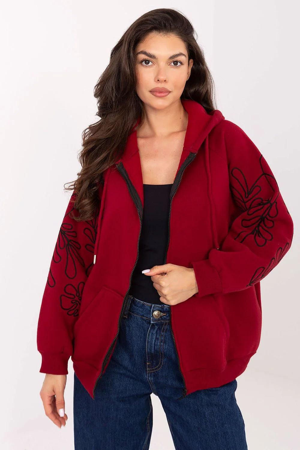 hoodie femme oversize zippé bordeaux molleton épais capuche cordon poches kangourou manches longues broderies florales rembourré