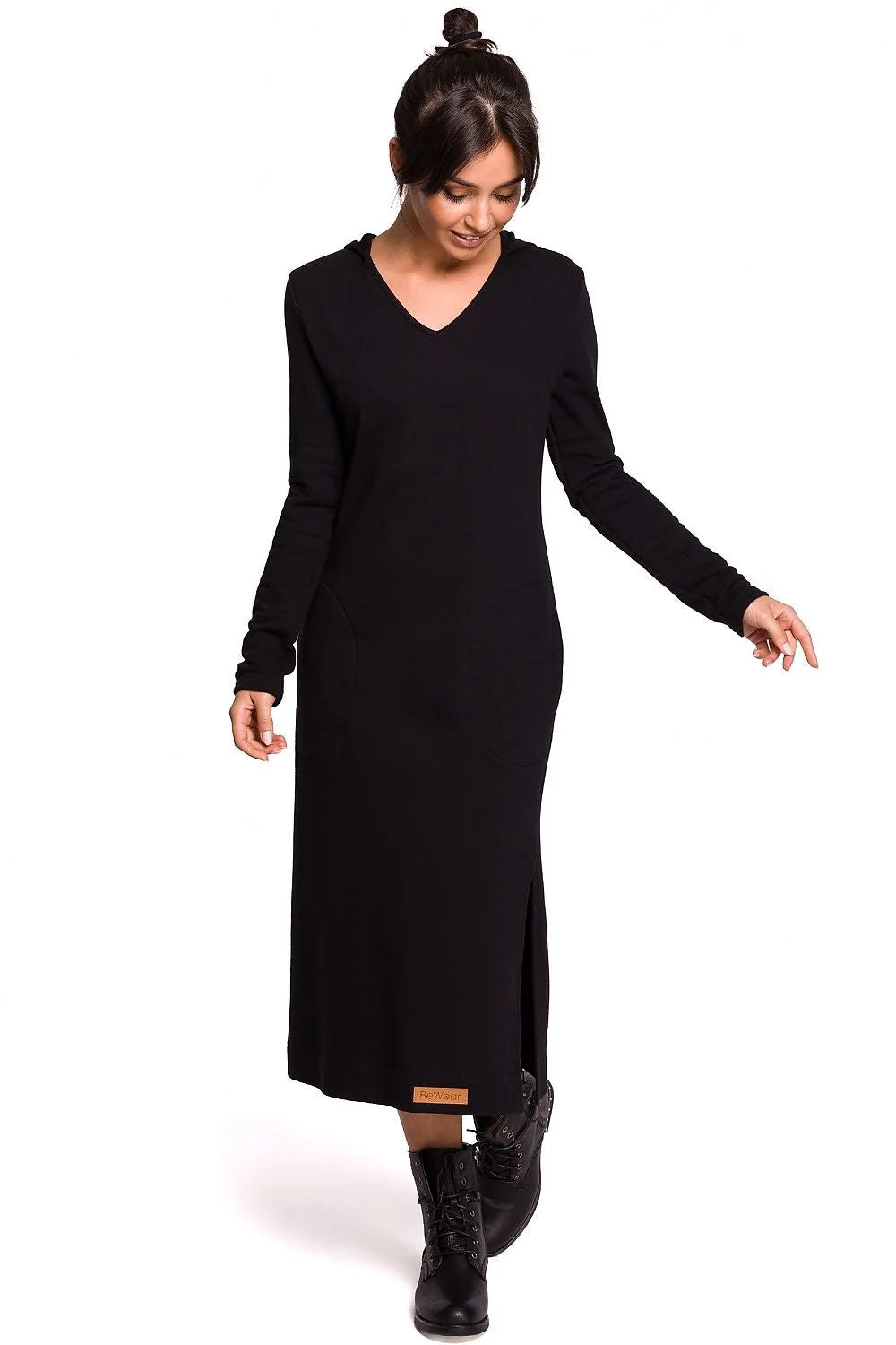 Robe longue maille coton ample élégante et confortable avec fente moderne pour femme décontractée