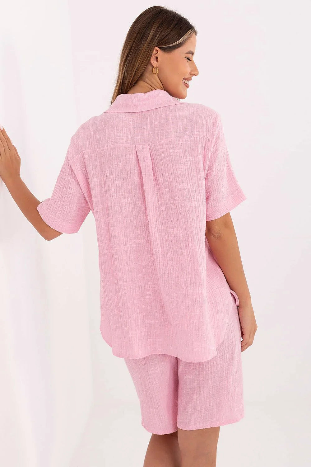 Ensemble Lakerta chemise short coton mousseline rose pastel coupe ample décontracté féminin été respirant confort