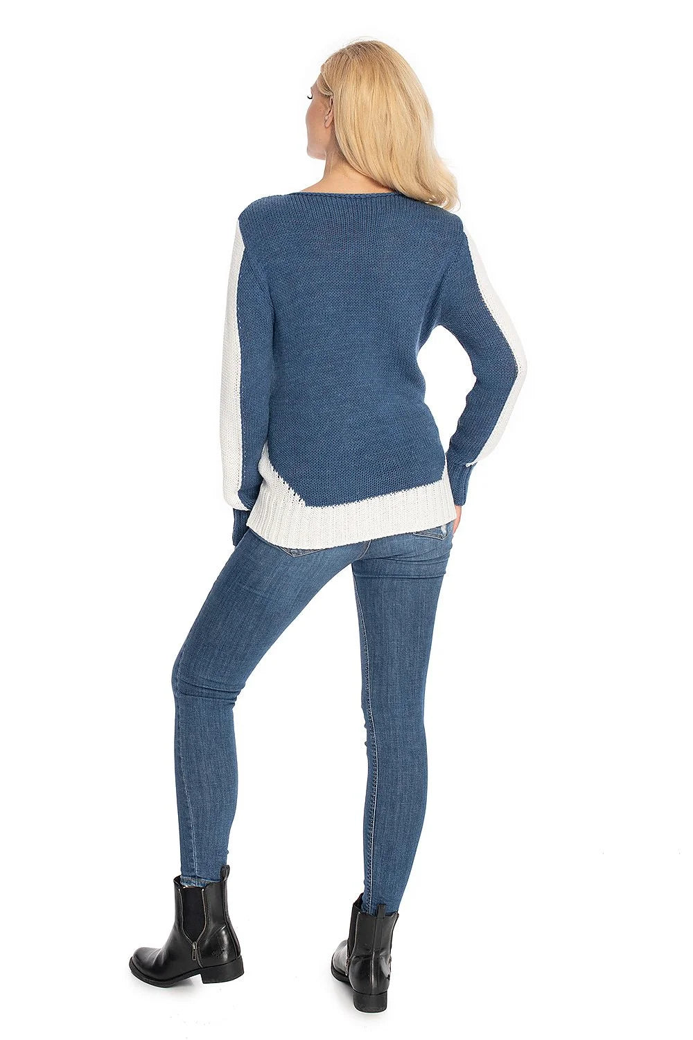 Pull maternité PeeKaBoo bleu denim manches longues bandes blanches col rond maille extensible coupe ample bordscôtes doux élégant