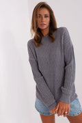pull femme gris maille côtelée col rond manches longues épaules tombantes oversize tricot miépais texture verticale