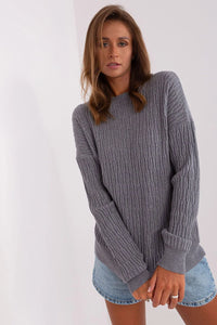 Pull gris côtelé col rond manches longues motifs verticaux texture tricotée oversize décontracté élégant intemporel femmes