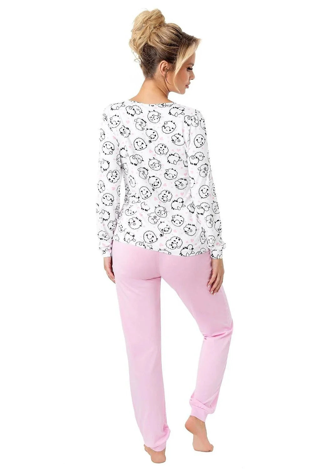 pyjama femme coton doux confortable charme moutons chats coeurs blanc rosepale mancheslongues colrond pantalonlong tailleelastique basresserres cotele fabricationpolonaise