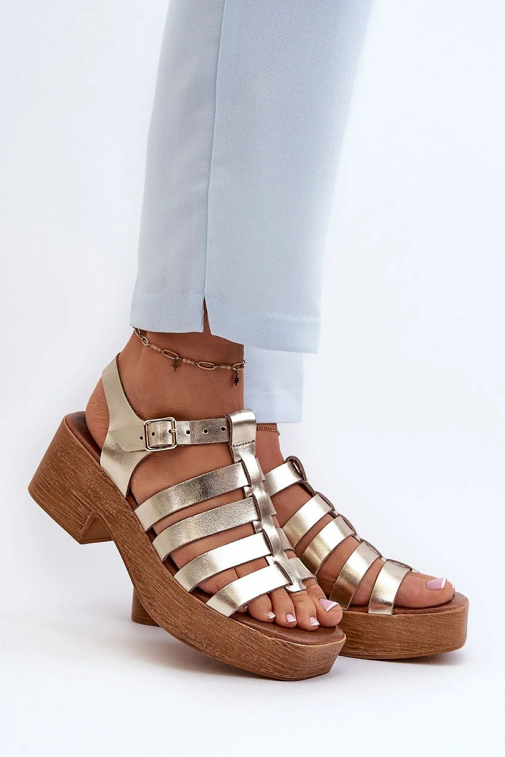 Sandales à talons gladiateur cuir naturel doré métallisé plateforme bois 6 cm femme confortables ajustables été