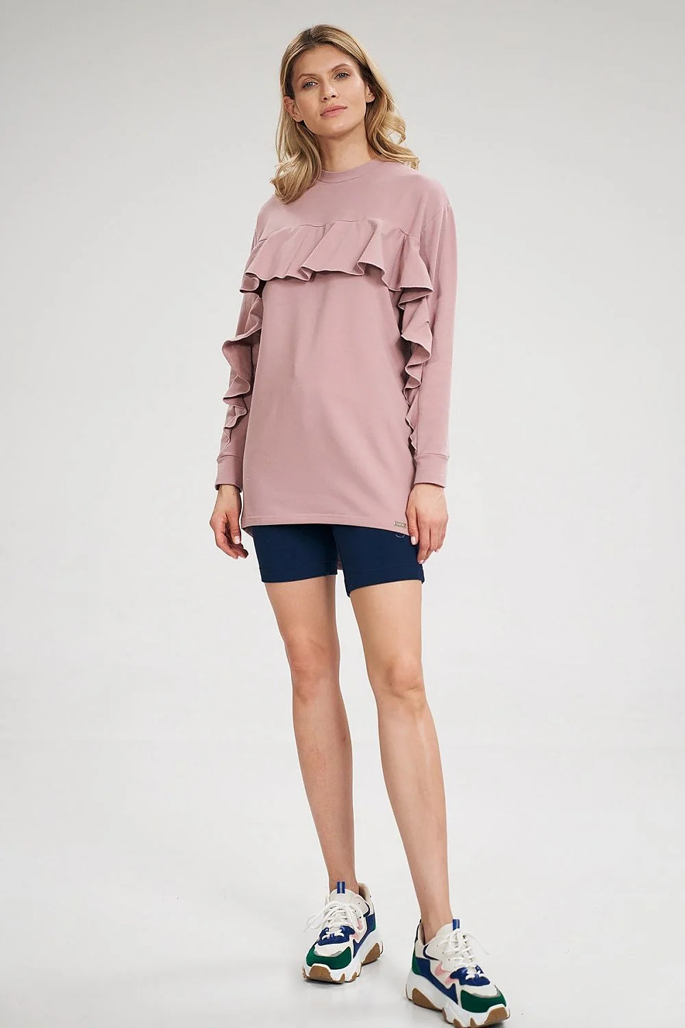 Ensemble femme coton élasthanne style décontracté élégant haut manches longues volants short tendance confortable