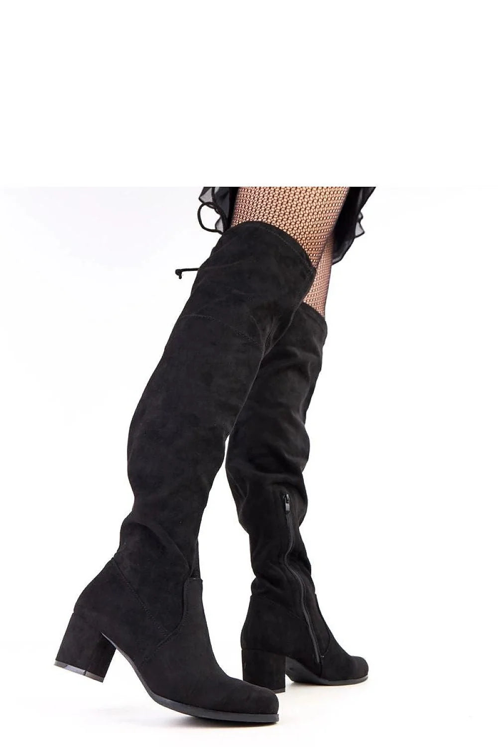 cuissardes suédine noires tige haute froncée bout rond talon bloc 6cm fermeture éclair latérale lacet arrière doublure isolante