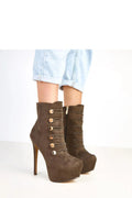 bottines femme cuir suédé écologique chocolat talon aiguille haut plateforme compensée 4cm bout pointu élancé tige 13cm boutons dorés