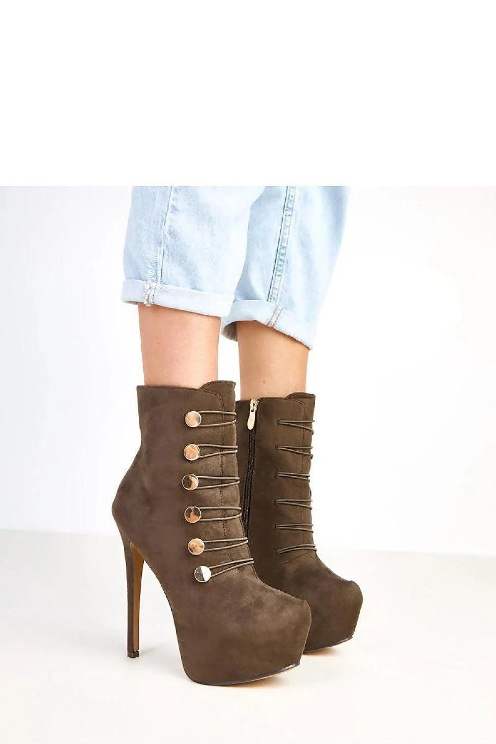 bottines femme cuir suédé écologique chocolat talon aiguille haut plateforme compensée 4cm bout pointu élancé tige 13cm boutons dorés