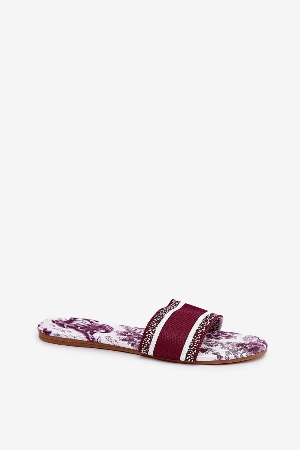 sandales mules plates femme textile rayées bordeaux blanc bride large semelle imprimée floral rose violet bout ouvert bordée décorative estivale