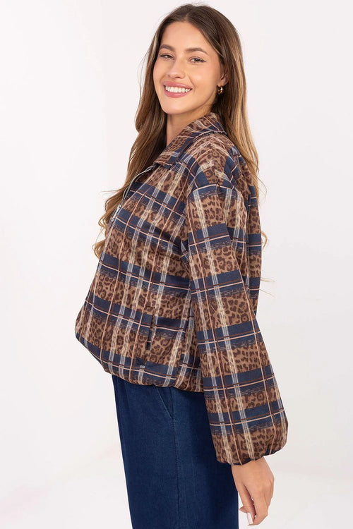 blouson bomber femme zippé court col chemise taille élastiquée manches longues bouffantes poignets élastiqués imprimé tartan léopard marron marine beige