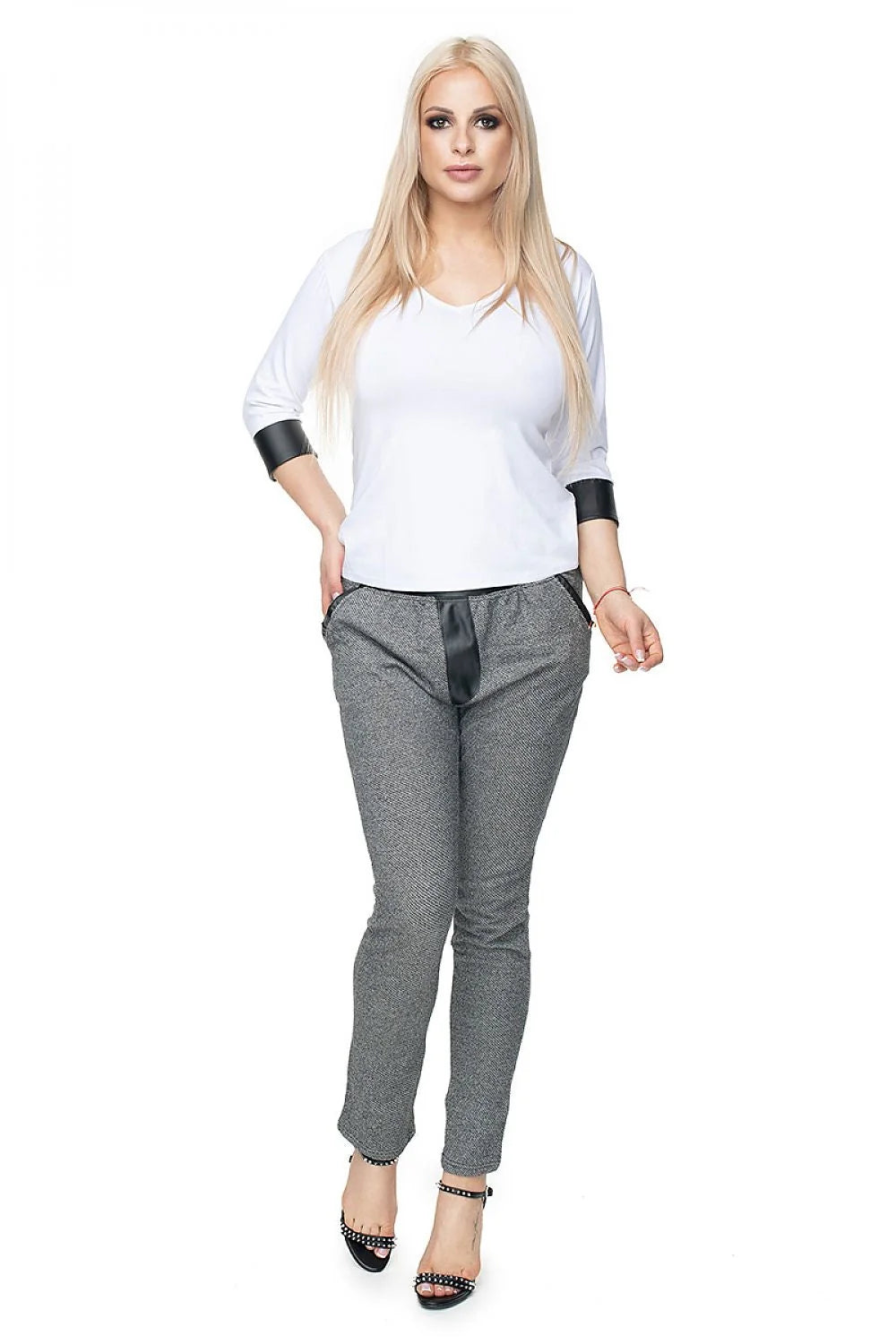 Chemisier Pee Ka Boo en coton élasthanne manches 3/4 cuir écologique poignets contrastants couleur rouge vif style élégant féminin femme mode