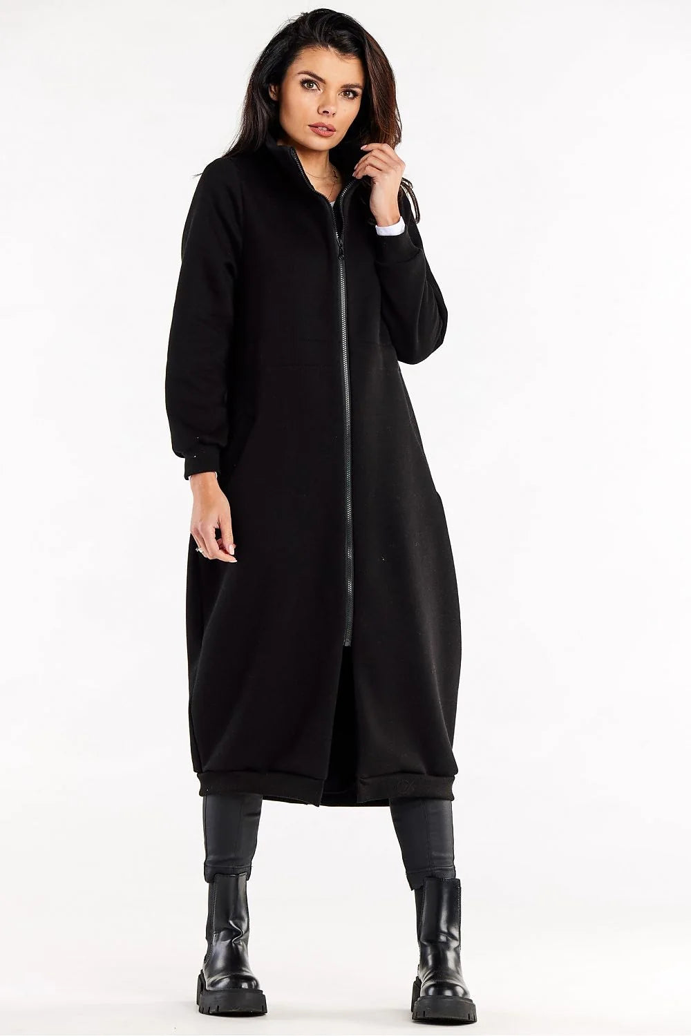 Manteau long épuré pour femme en coton 95% élasthanne 5% col montant manches longues fermeture éclair poches latérales taille ajustable