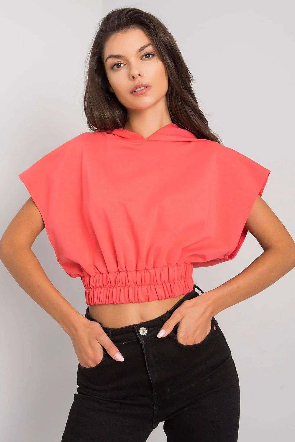Sweatshirt femme Fancy style moderne couleur turquoise large manches courtes capuche élastique coton polyester