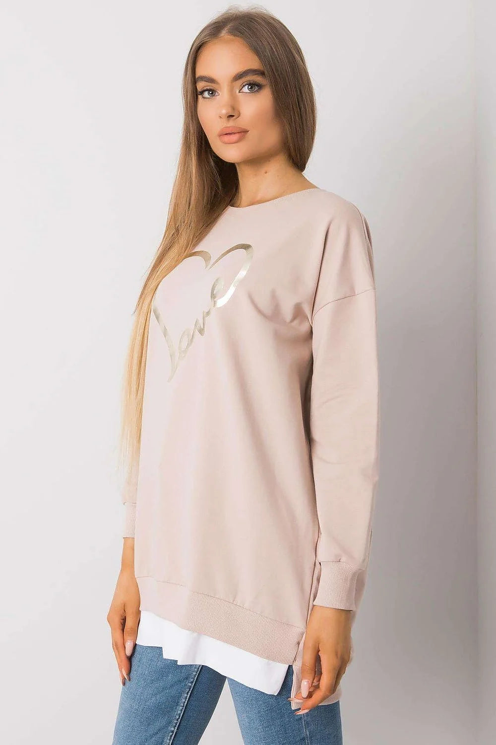 Sweatshirt femme design cœur love doré beige rosé coton polyester manches longues encolure ronde coupe ample