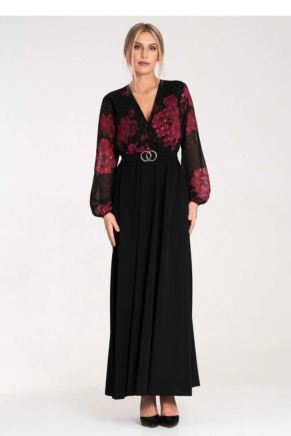 robe longue soirée cocktail noire chiffon plumetis imprimée grandes roses bordeaux cachecoeur manches ballon taille haute ceinture double boucle dorée