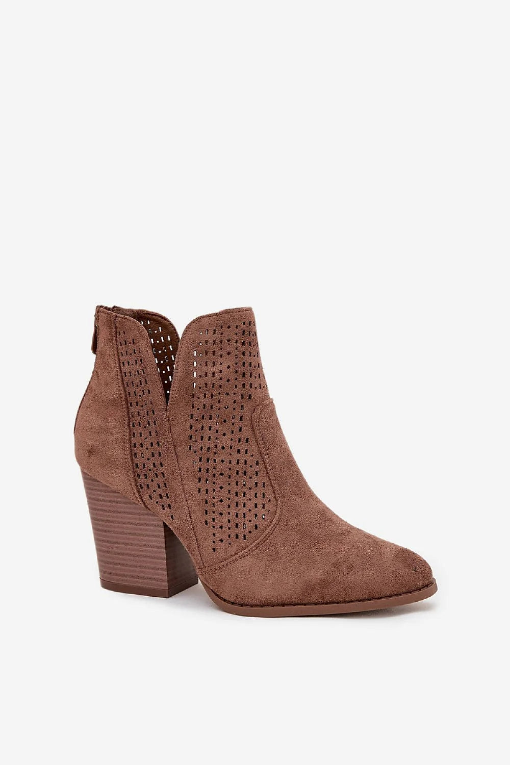 bottines femme cheville SBarski suédine écologique cognac bout pointu empiècements perforés talon bloc empilé fermeture éclair arrière silhouette