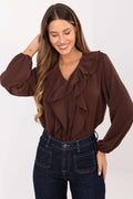 blouse femme manches longues volants jabot viscose polyester elasthanne chiffon marron colV fronces épaules bouffantes