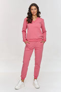 ensemble femme Makadamia sweatshirt colV mancheslongues molleton coton polyester pantalon jogger tailleelastique bordcotes pocheslaterales fuselé rose athleisure confort élégante