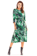 Robe longue polyester imprimé tropical élégante fluide ceinture à nouer manches trois-quarts pour femme moderne