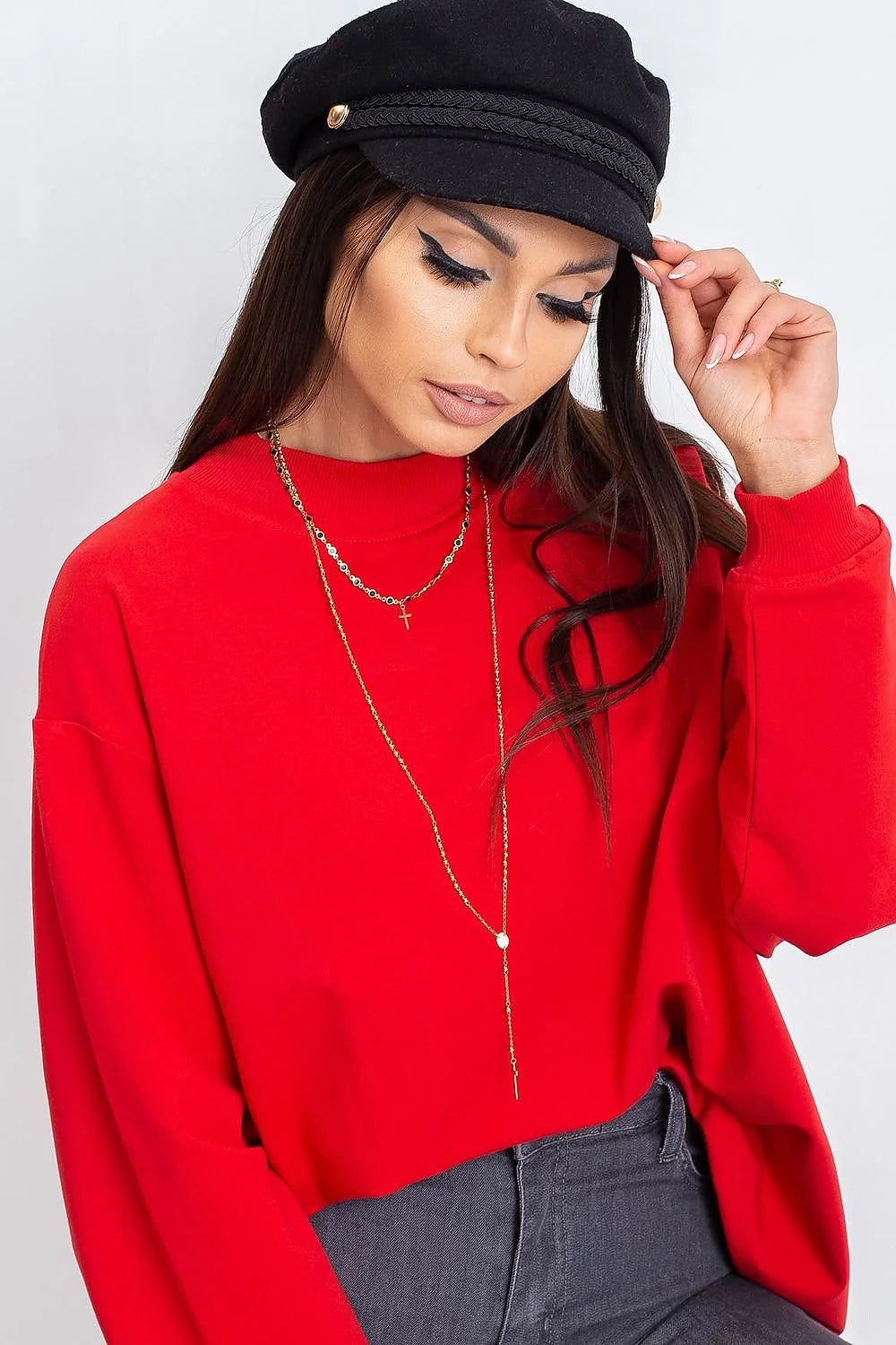 Sweatshirt BFG pour femme en coton 90% élasthanne 10%, style casual oversize, couleur bleu vif, manches longues, col rond côtelé, idéal pour tenues urbaines et décontractées