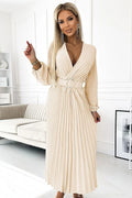 Robe de cocktail élégante longue manches longues décolleté en V beige clair ceinture ajustable polyester femme