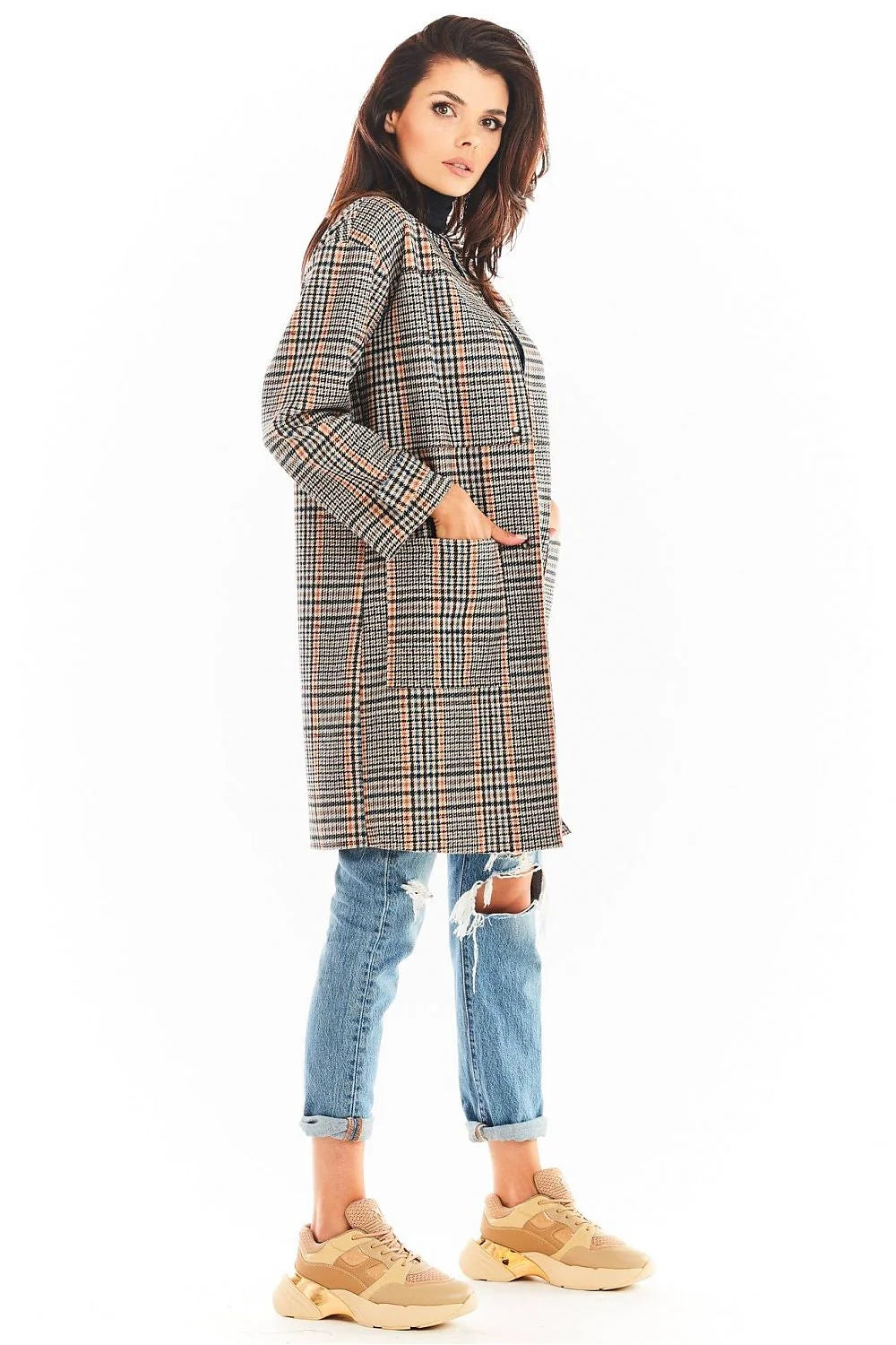 Manteau femme laine chic carreaux noirs blancs marron élégant automne hiver col rond tendance