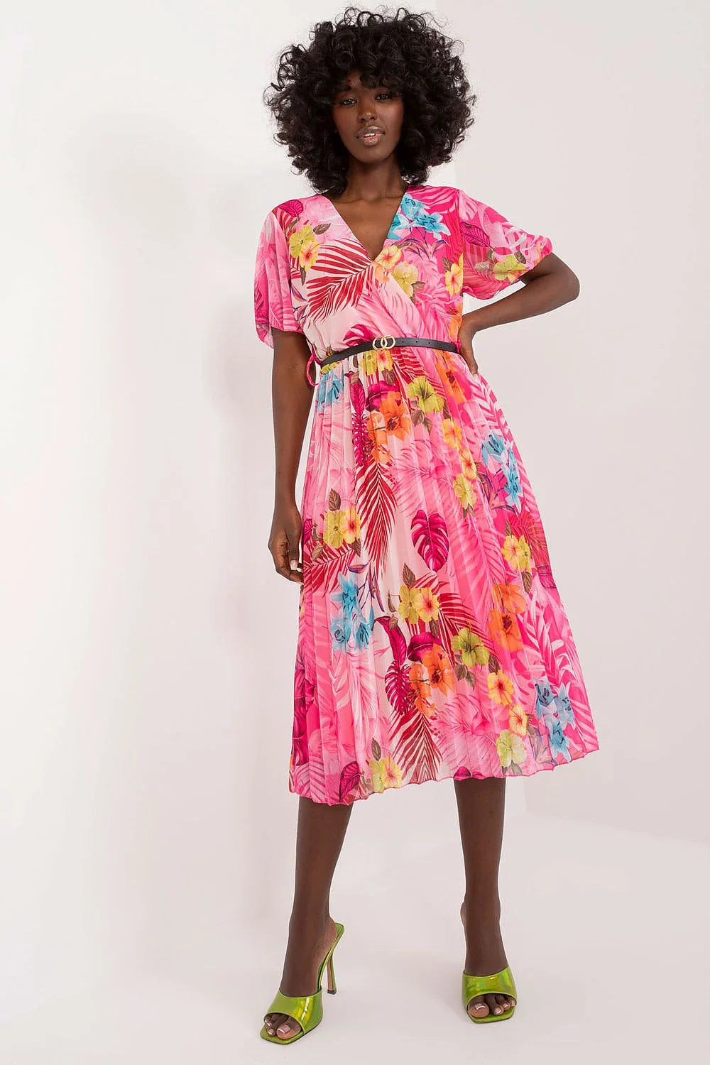 Robe de jour Italy Moda imprimé floral rose vif manches courtes col V ceinture dorée longueur midi polyester