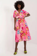 Robe de jour Italy Moda imprimé floral rose vif manches courtes col V ceinture dorée longueur midi polyester