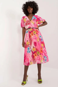 Robe de jour Italy Moda imprimé floral rose vif manches courtes col V ceinture dorée longueur midi polyester