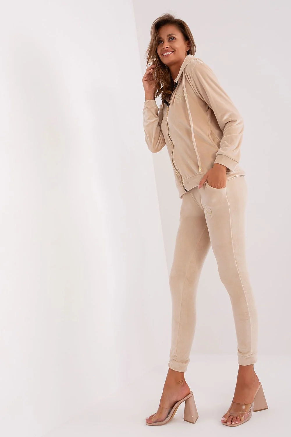 Ensemble de détente pour femmes velours sweat zippé pantalon assorti capuche poches élégance décontractée