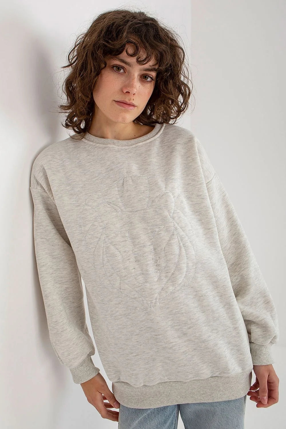 Sweatshirt pour femme moderne couleur orange vif coupe ample manches longues broderie lion coton polyester 70/30