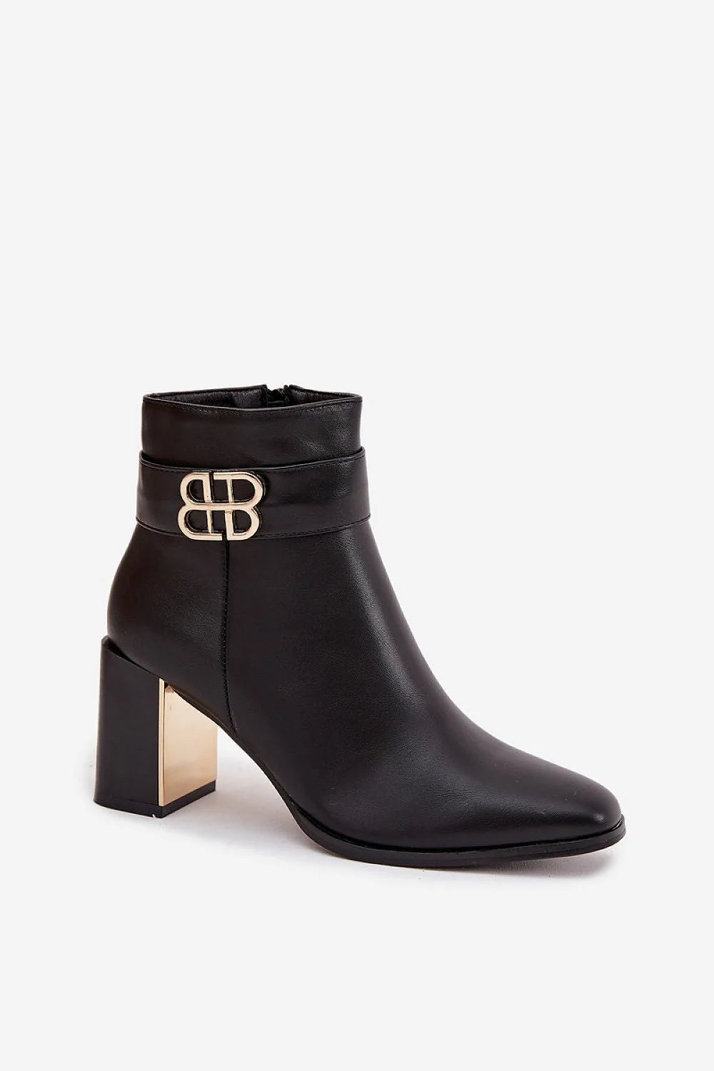 bottines cheville femme simili cuir noir bout pointu silhouette épurée fermeture zippée latérale talon colonne insert doré bride décorative bouclebijou