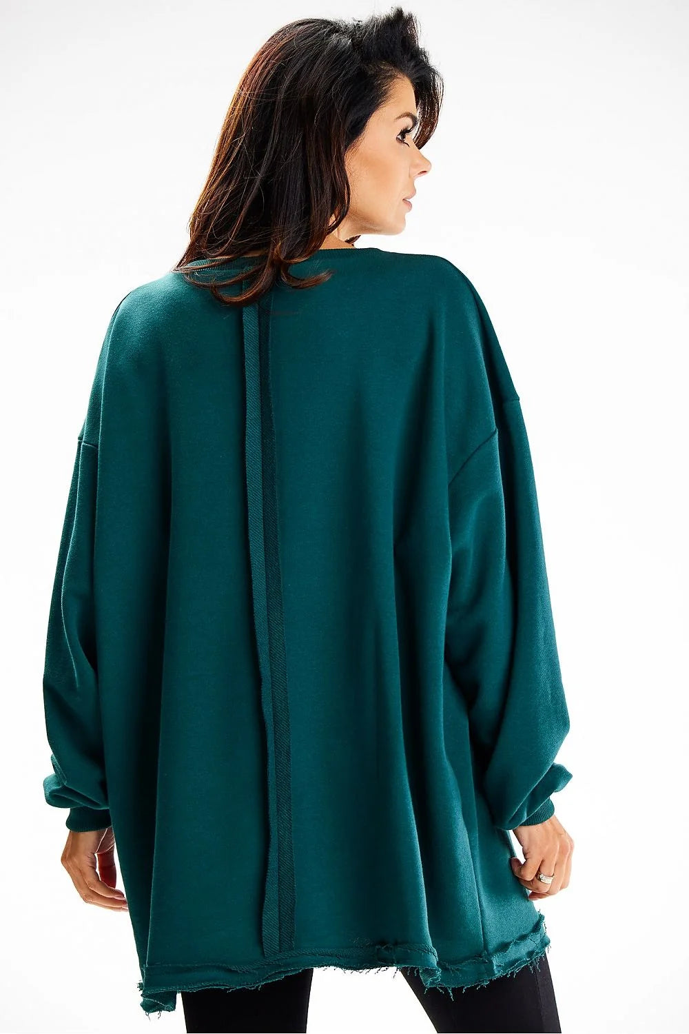 Sweatshirt féminin oversize en coton émeraude profond, style décontracté, poche kangourou, coupe ample, taille universelle, femme, mode confortable, Pologne