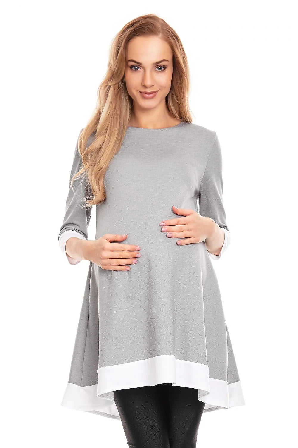 Top de maternité élégant Pee Ka Boo en maille douce, coupe ample, manches 3/4, gris et blanc, femme enceinte