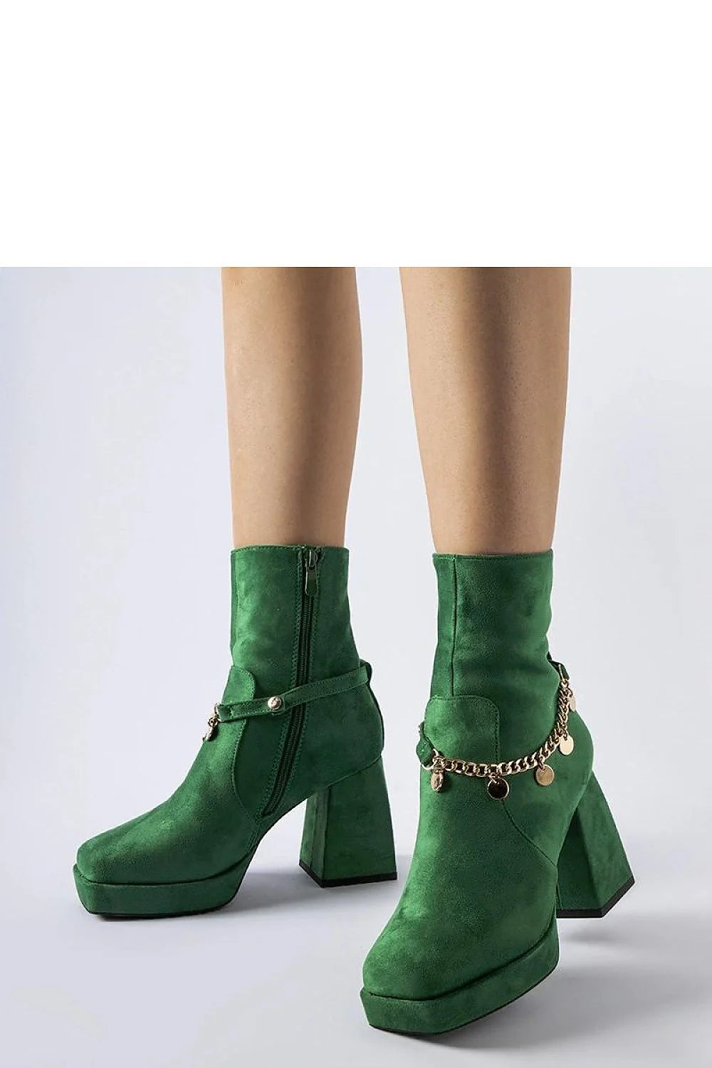 Bottes à talons carrés vertes en daim femmes, style audacieux, fermeture éclair, chaîne dorée, confort thermique, idéales pour soirées ou tenues quotidiennes