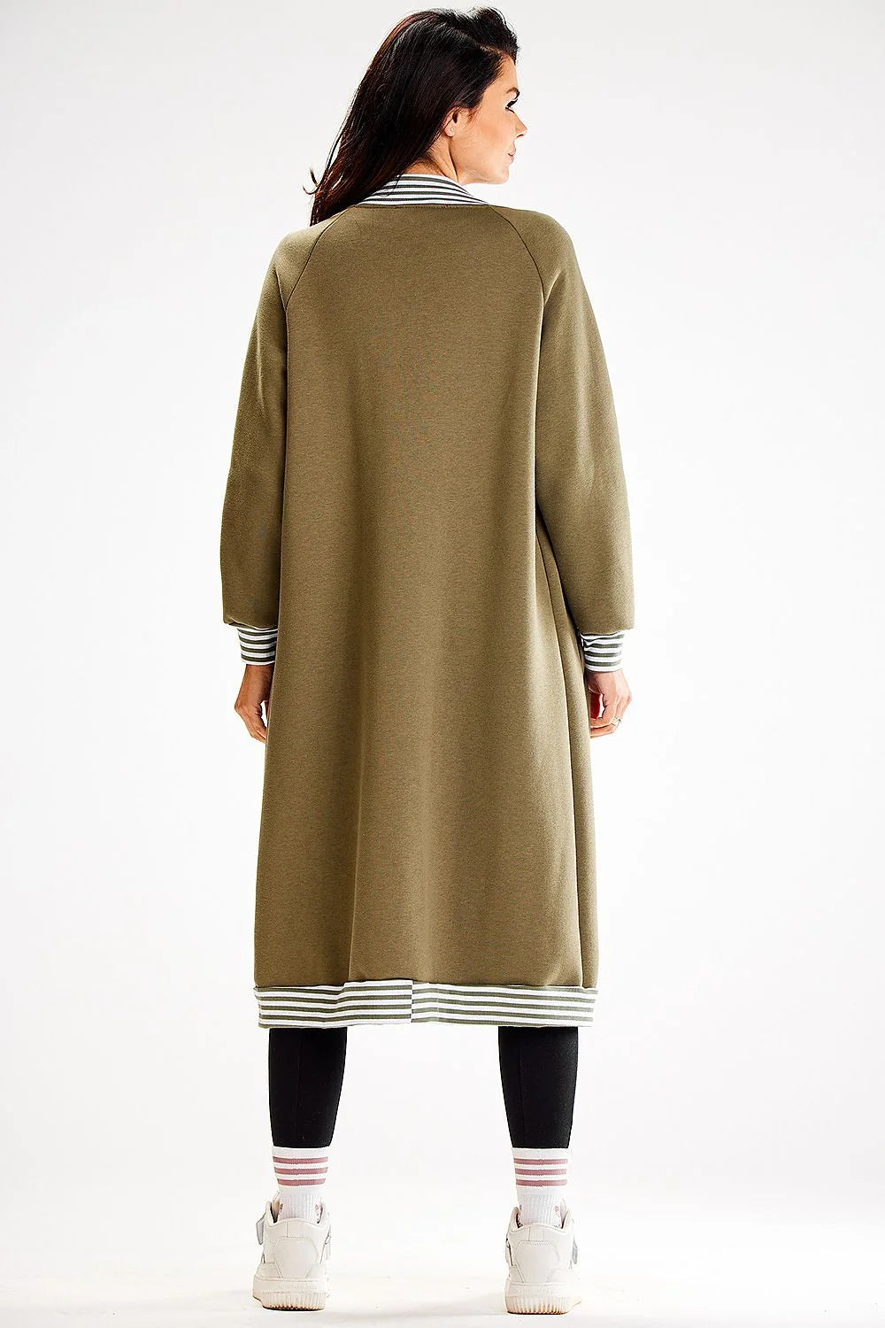 Manteau long pour femme en kaki rayures blanches et grises style moderne coupe droite confortable polyester coton occasion mi-saison